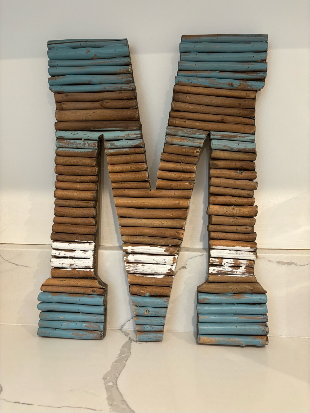 Coastal Decor Wooden Letter M Wall Hanging or Shelf Leaner Blue White Brown Twig